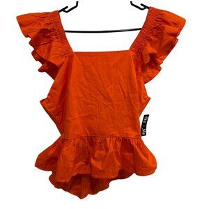 Iky & Me NWT Ruffled Orange Sleeveless Blouse With Peplum Hem Tie Back